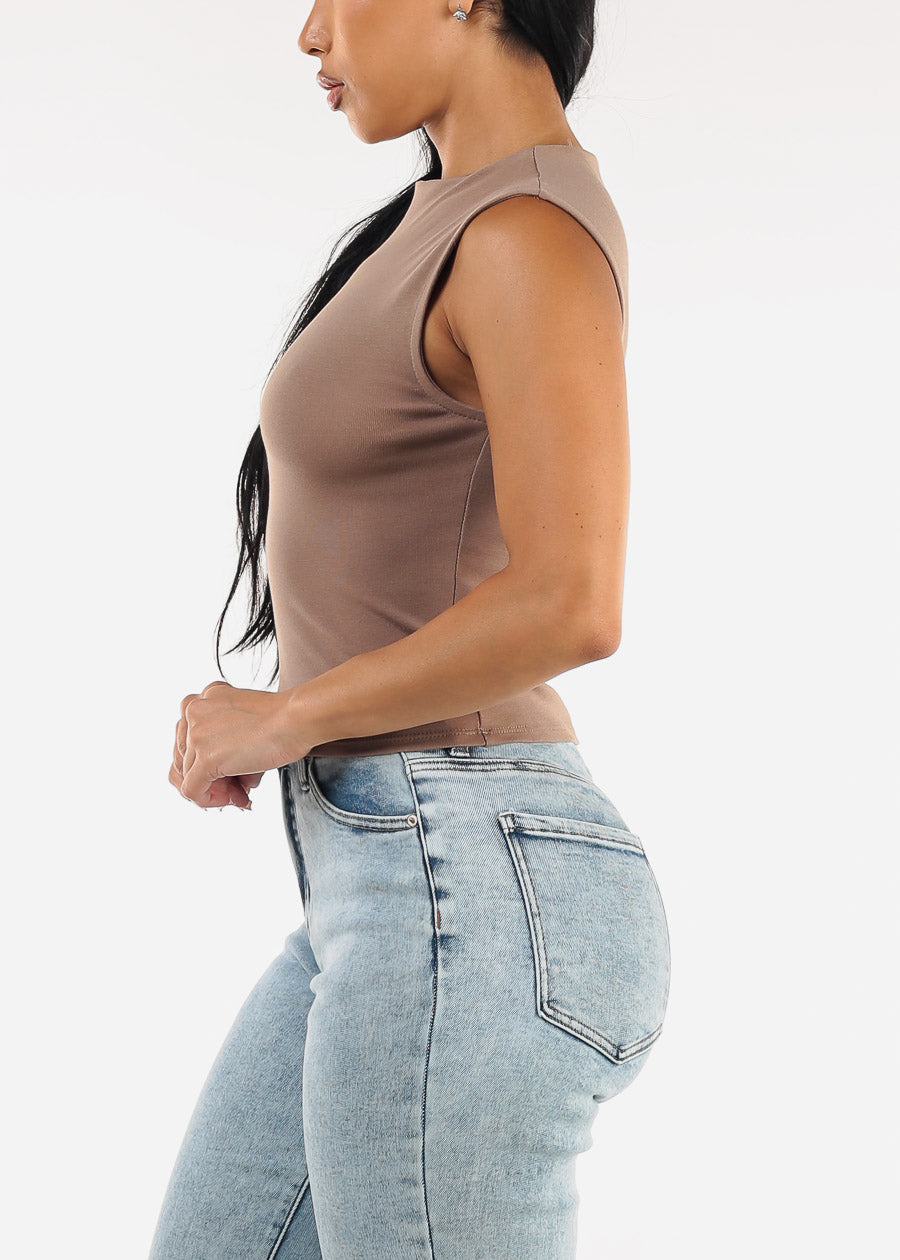 Sleeveless Mock Neck Stretchy Top Mocha
