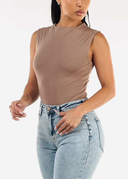 Sleeveless Mock Neck Stretchy Top Mocha