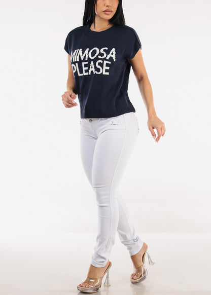Short Sleeve Stretchy Graphic Sweater Top Navy "Mimosa"