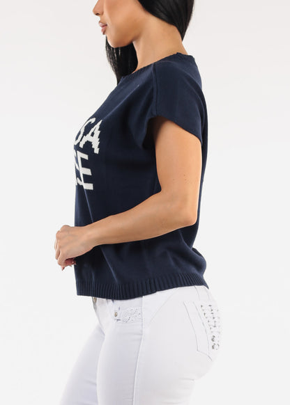 Short Sleeve Stretchy Graphic Sweater Top Navy "Mimosa"