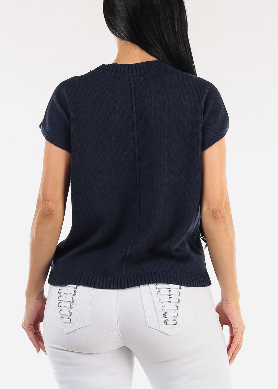 Short Sleeve Stretchy Graphic Sweater Top Navy 