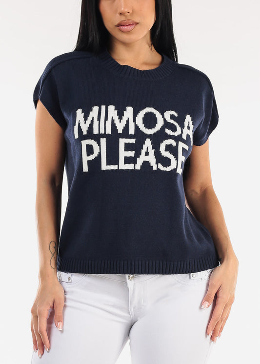 Short Sleeve Stretchy Graphic Sweater Top Navy "Mimosa"