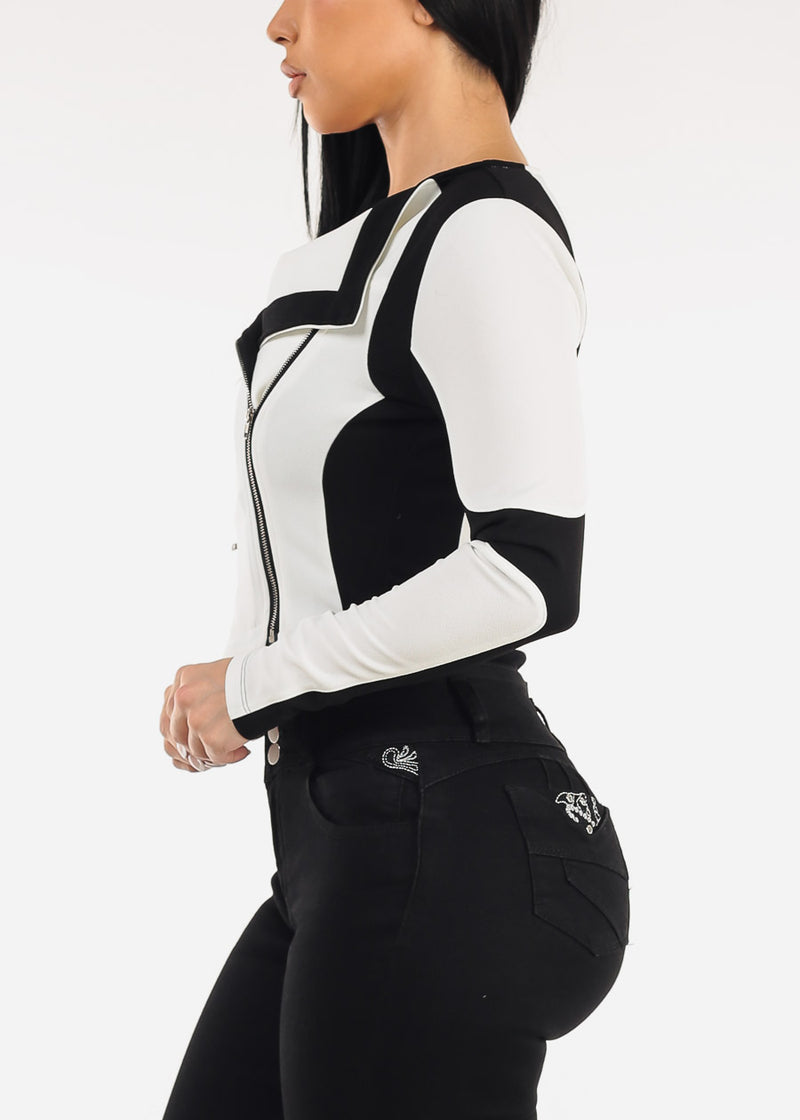 Long Sleeve Zip Up Colorblock Crop Jacket Black & White