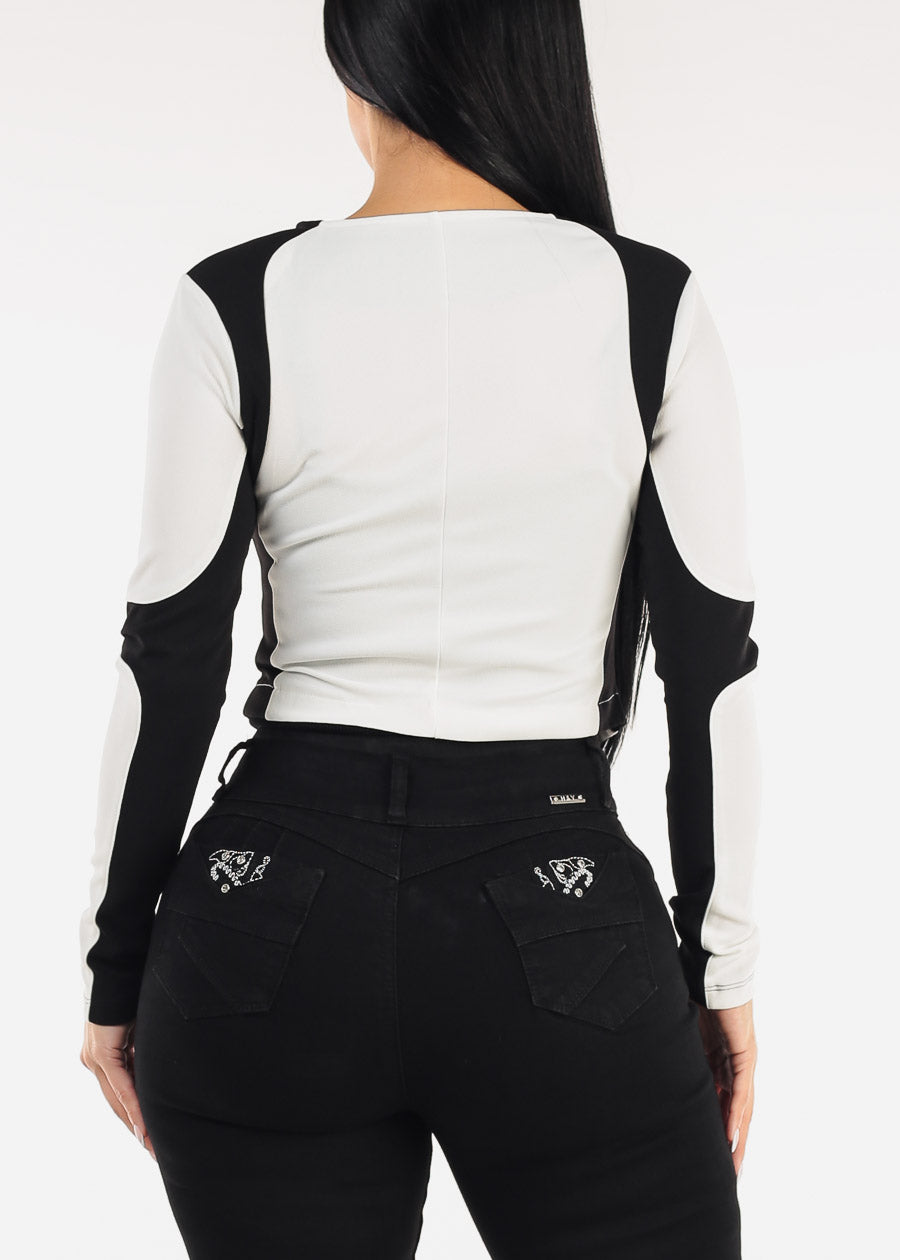 Long Sleeve Zip Up Colorblock Crop Jacket Black & White