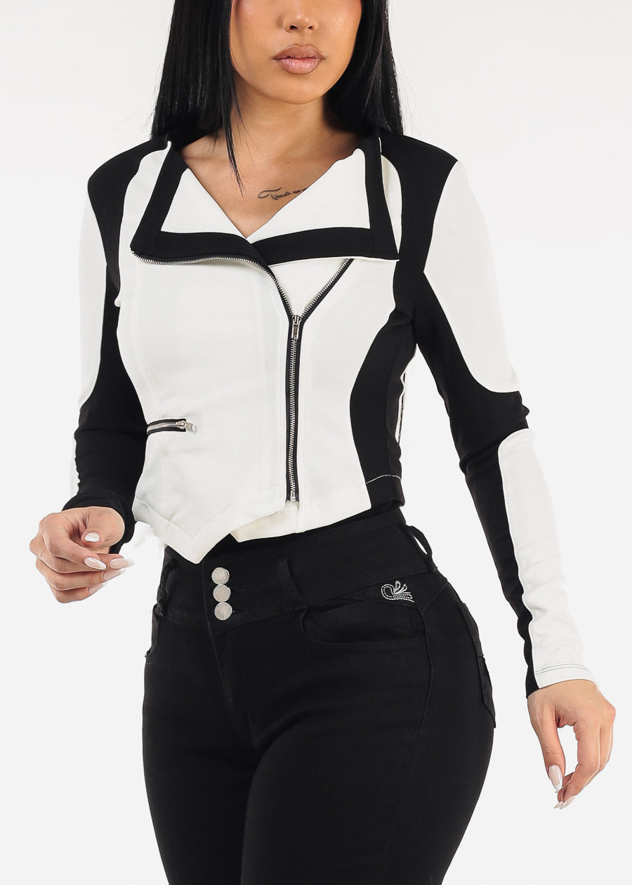Long Sleeve Zip Up Colorblock Crop Jacket Black & White