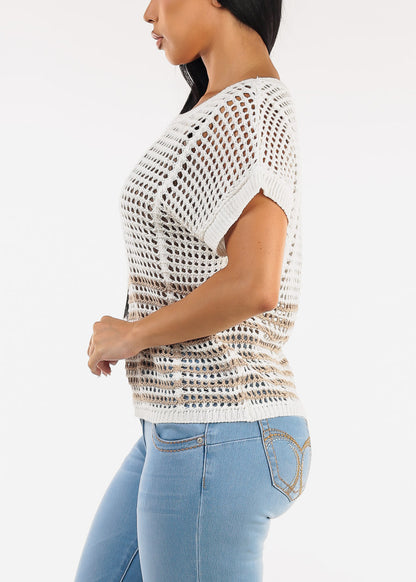 Short Sleeve Multi Stripe Crochet Knit Top Off White