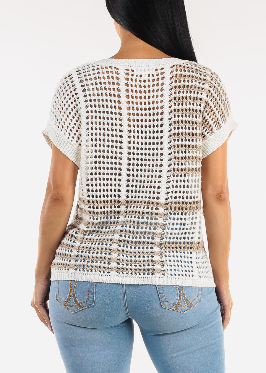 Short Sleeve Multi Stripe Crochet Knit Top Off White