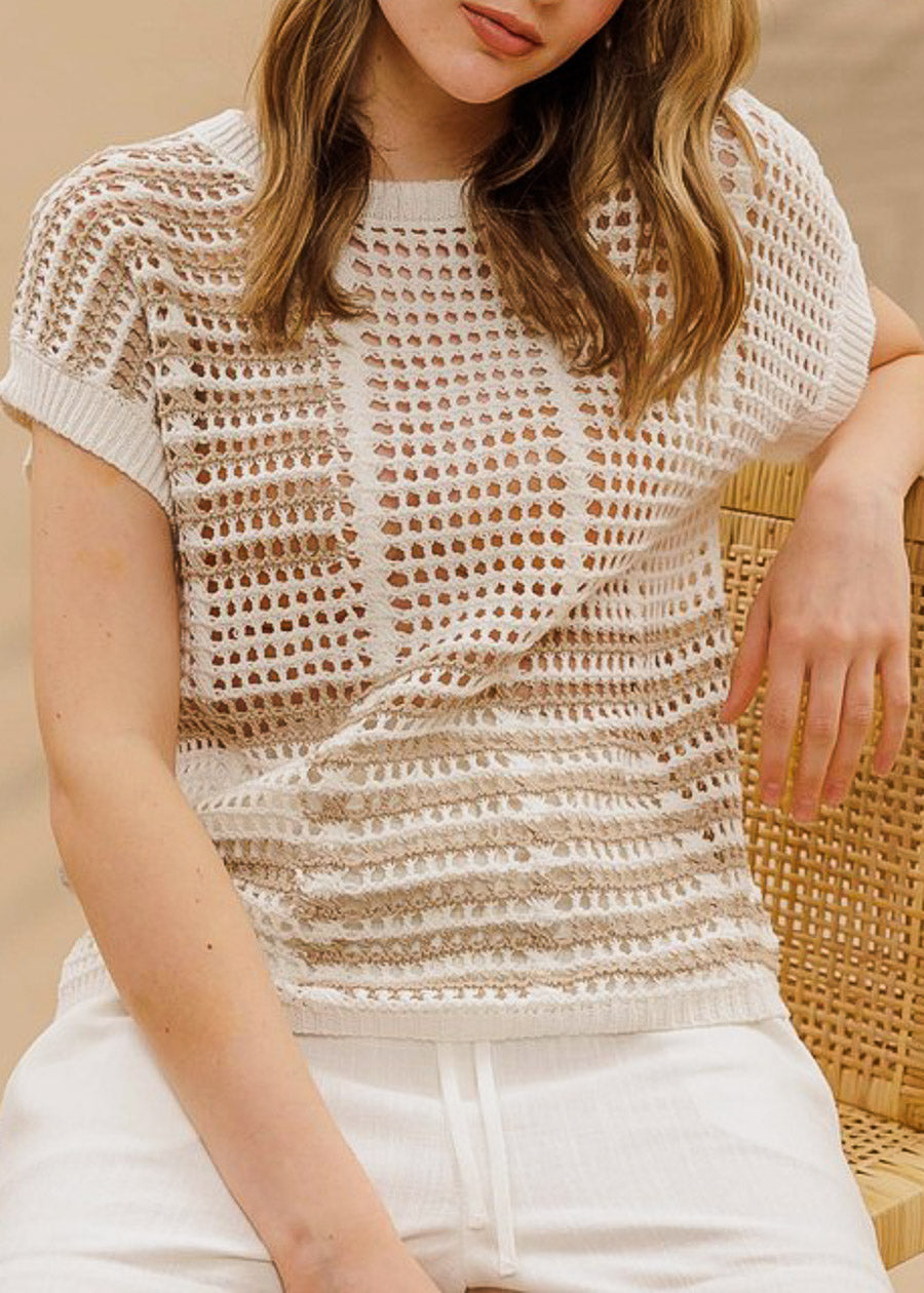 Short Sleeve Multi Stripe Crochet Knit Top Off White