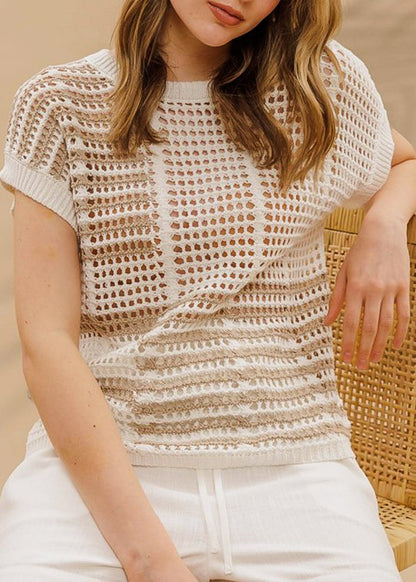 Short Sleeve Multi Stripe Crochet Knit Top Off White