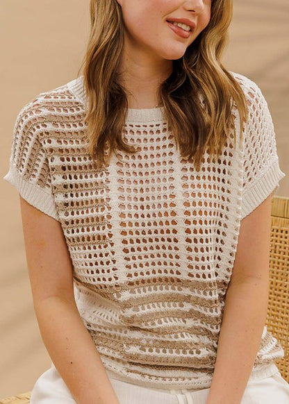 Short Sleeve Multi Stripe Crochet Knit Top Off White