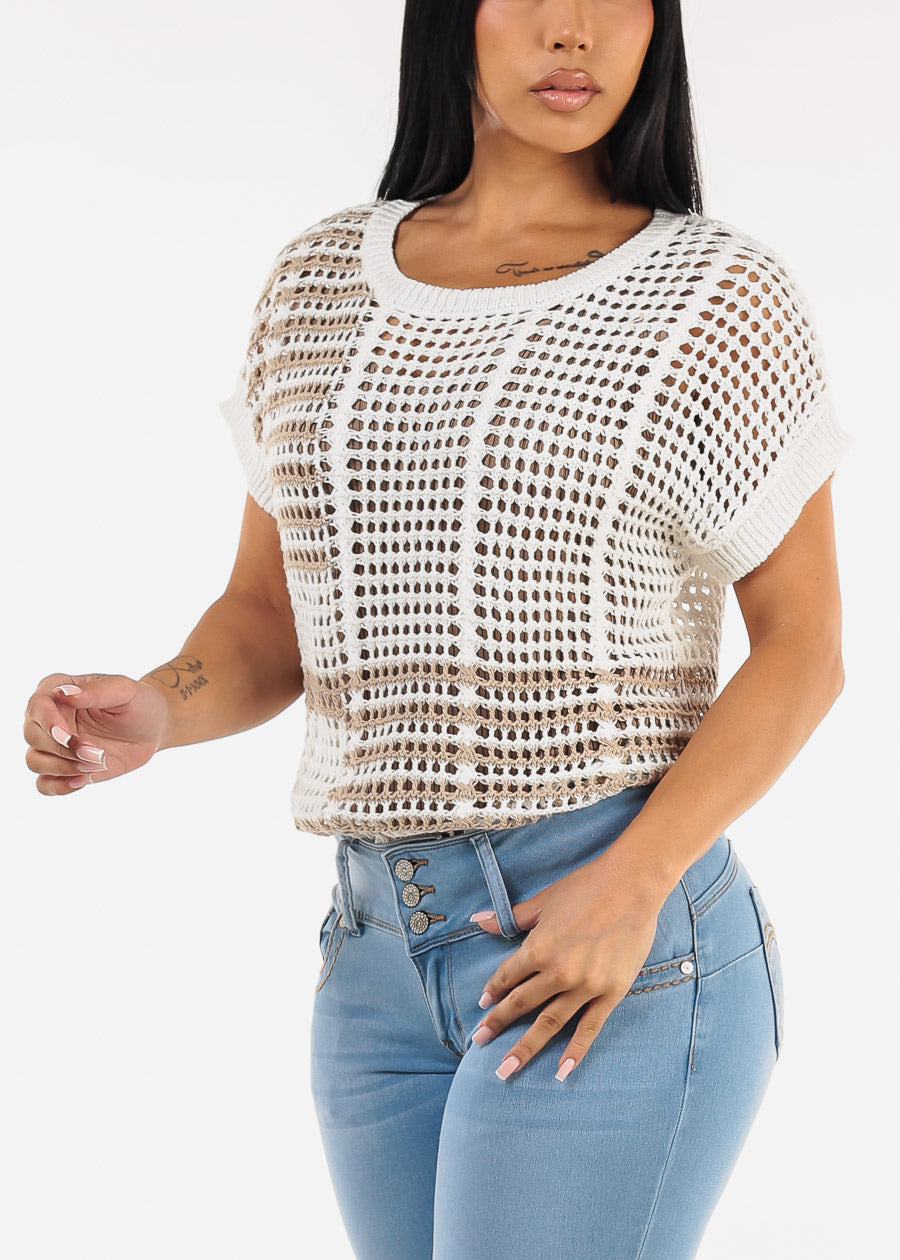Short Sleeve Multi Stripe Crochet Knit Top Off White