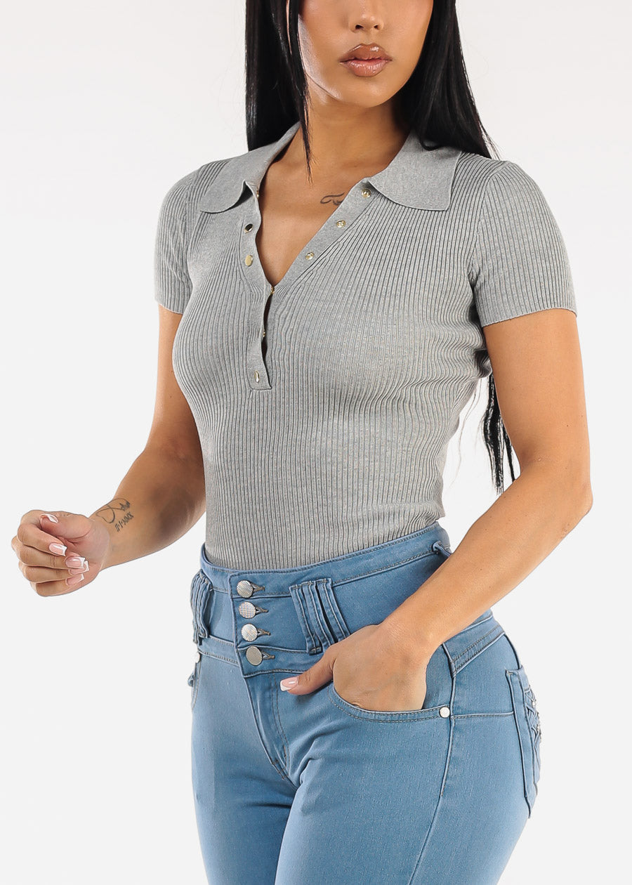 Short Sleeve Sweater Knit Polo Shirt Grey