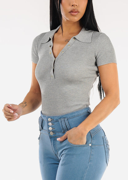 Short Sleeve Sweater Knit Polo Shirt Grey