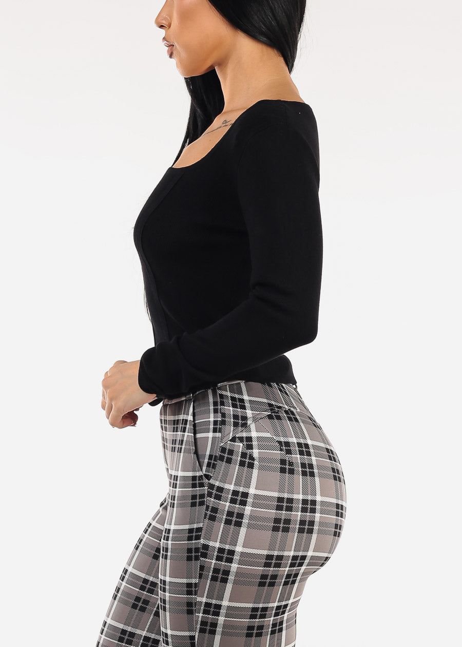 Long Sleeve Square Neck Stretch Sweater Top Black