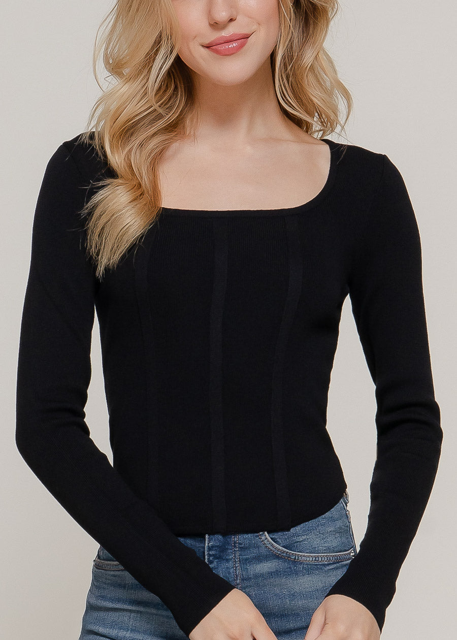 Long Sleeve Square Neck Stretch Sweater Top Black