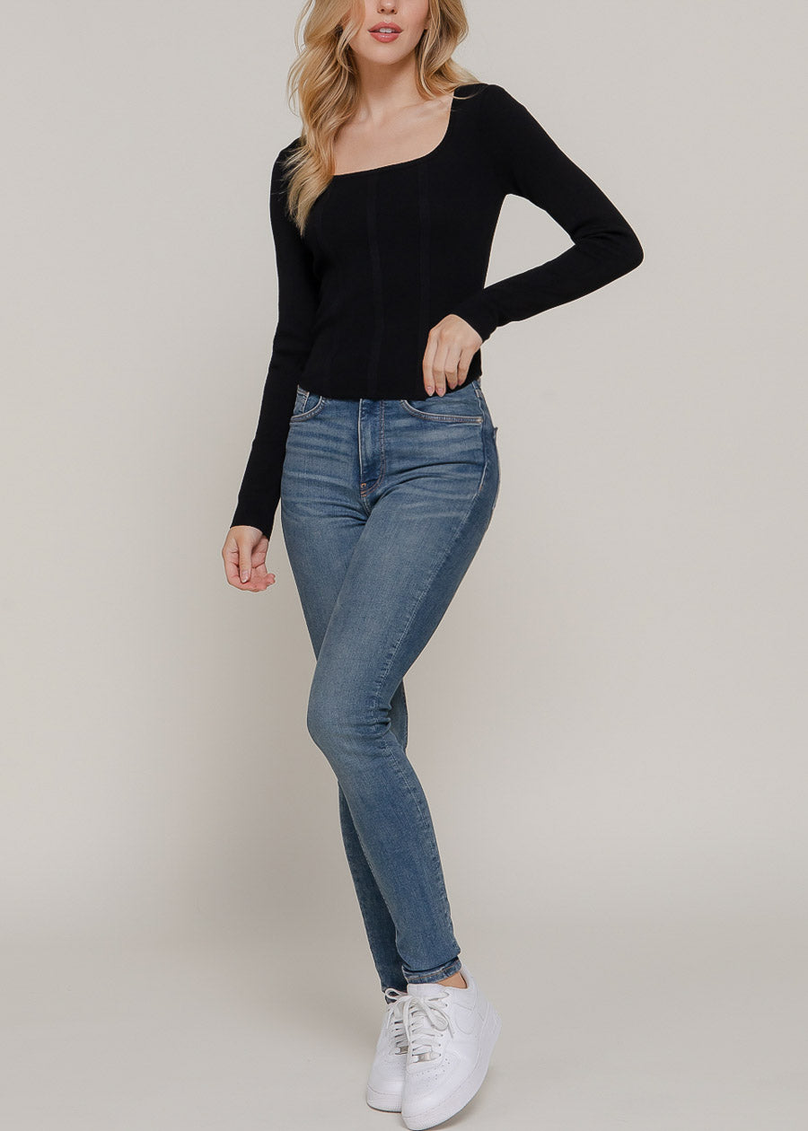 Long Sleeve Square Neck Stretch Sweater Top Black