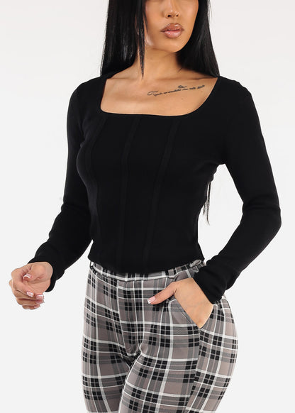 Long Sleeve Square Neck Stretch Sweater Top Black