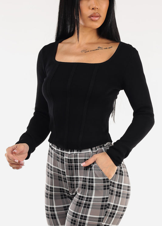 Long Sleeve Square Neck Stretch Sweater Top Black
