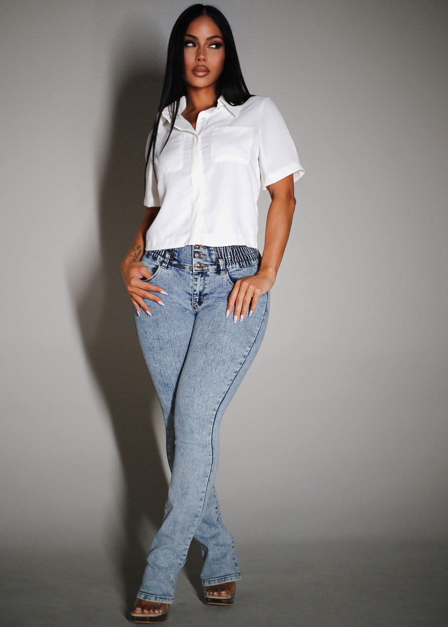 Short Sleeve Button Up Collared Blouse White