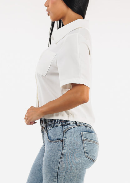 Short Sleeve Button Up Collared Blouse White