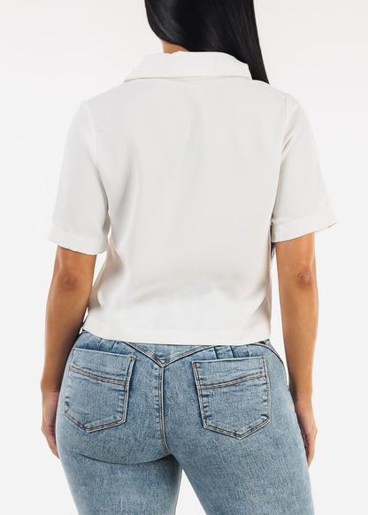 Short Sleeve Button Up Collared Blouse White