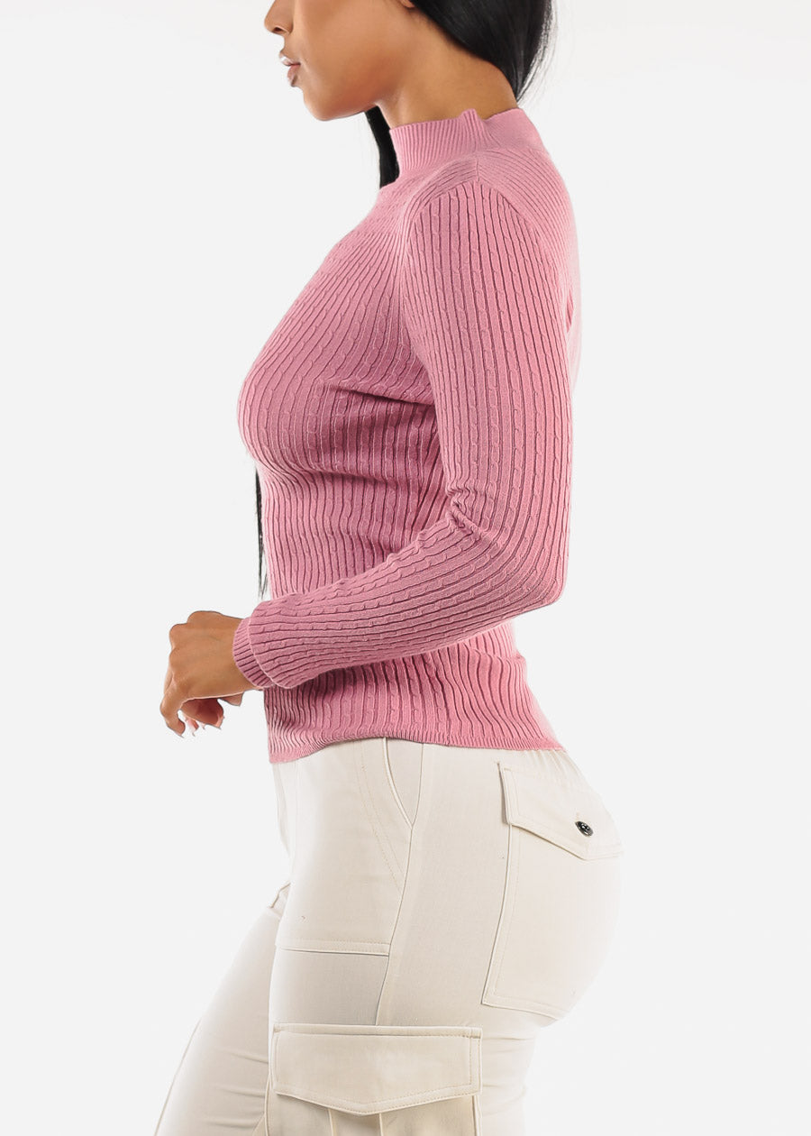 Long Sleeve Mock Neck Ribbed Sweater Dark Pink