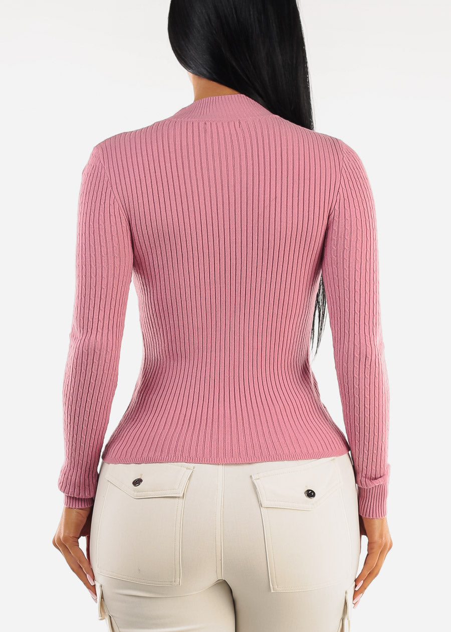 Long Sleeve Mock Neck Ribbed Sweater Dark Pink