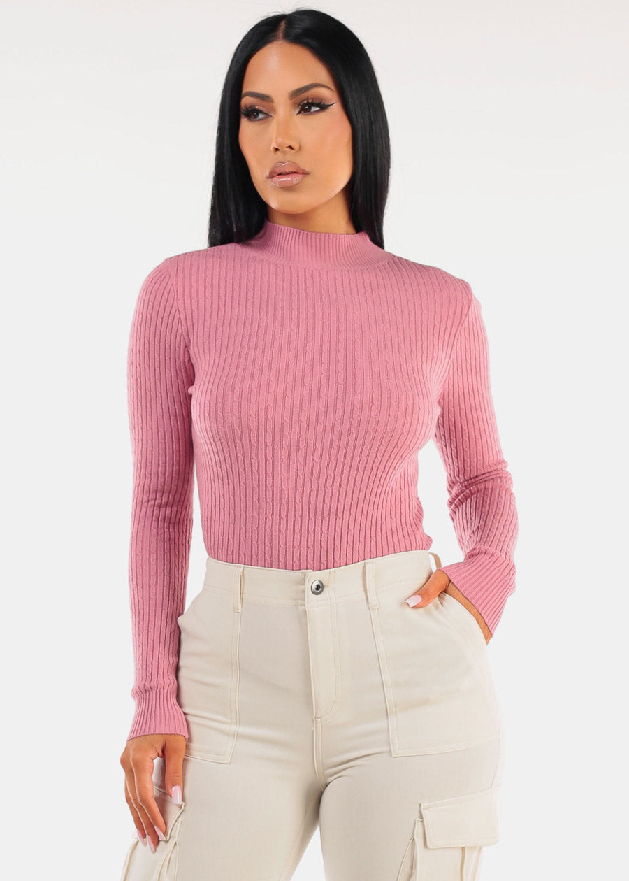 Long Sleeve Mock Neck Ribbed Sweater Dark Pink