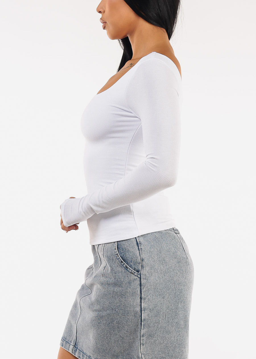 Stretchy Long Sleeve Square Neck Ribbed Top White
