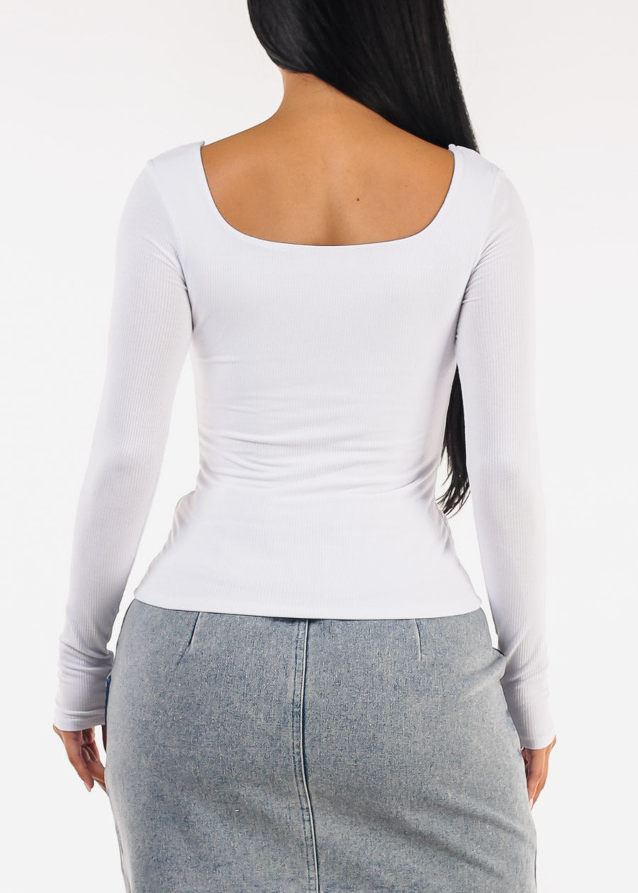 Stretchy Long Sleeve Square Neck Ribbed Top White