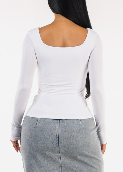 Stretchy Long Sleeve Square Neck Ribbed Top White