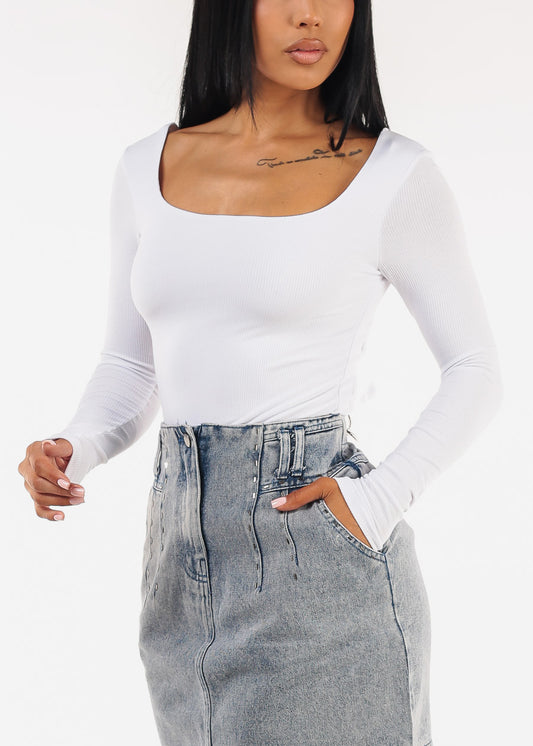 Stretchy Long Sleeve Square Neck Ribbed Top White
