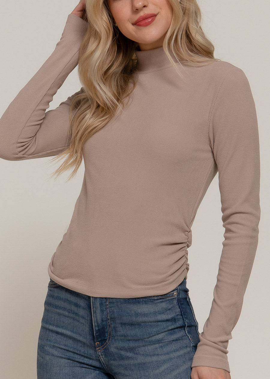 Long Sleeve Turtleneck Stretch Sweater Top Dark Beige