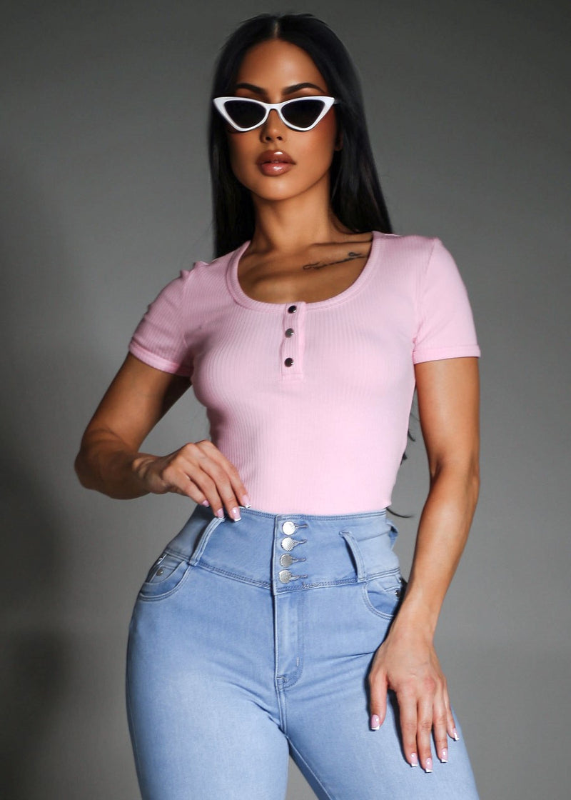 Short Sleeve Stretch Ribbed Bodysuit Pink