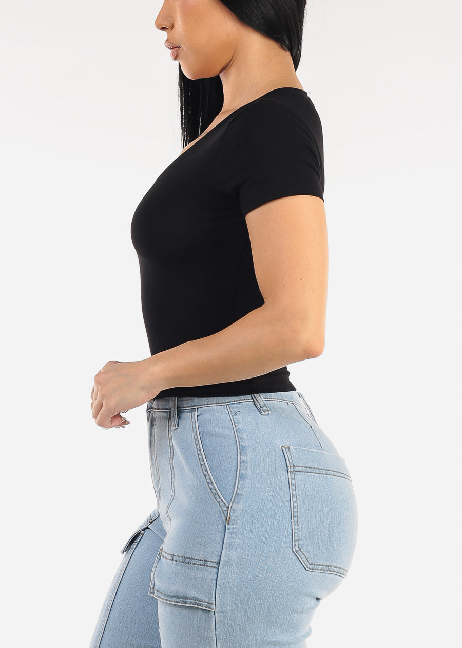 Stretch Short Sleeve Vneck Crop Top Black