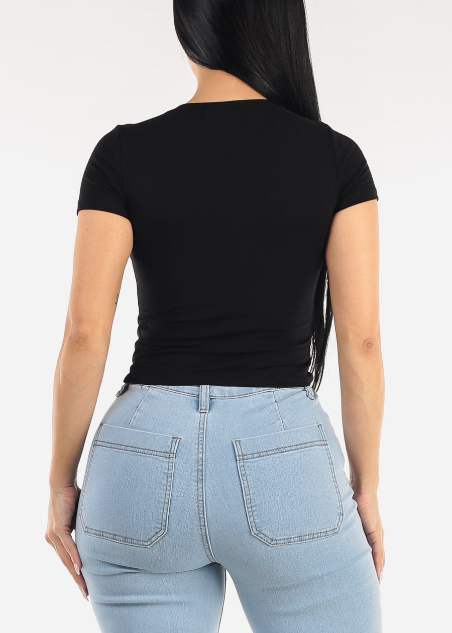 Stretch Short Sleeve Vneck Crop Top Black