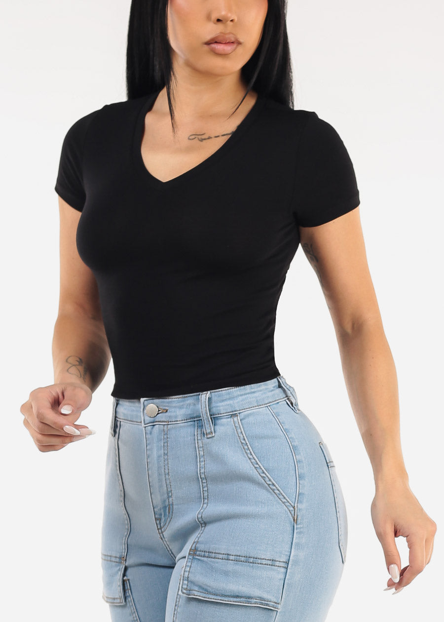 Stretch Short Sleeve Vneck Crop Top Black