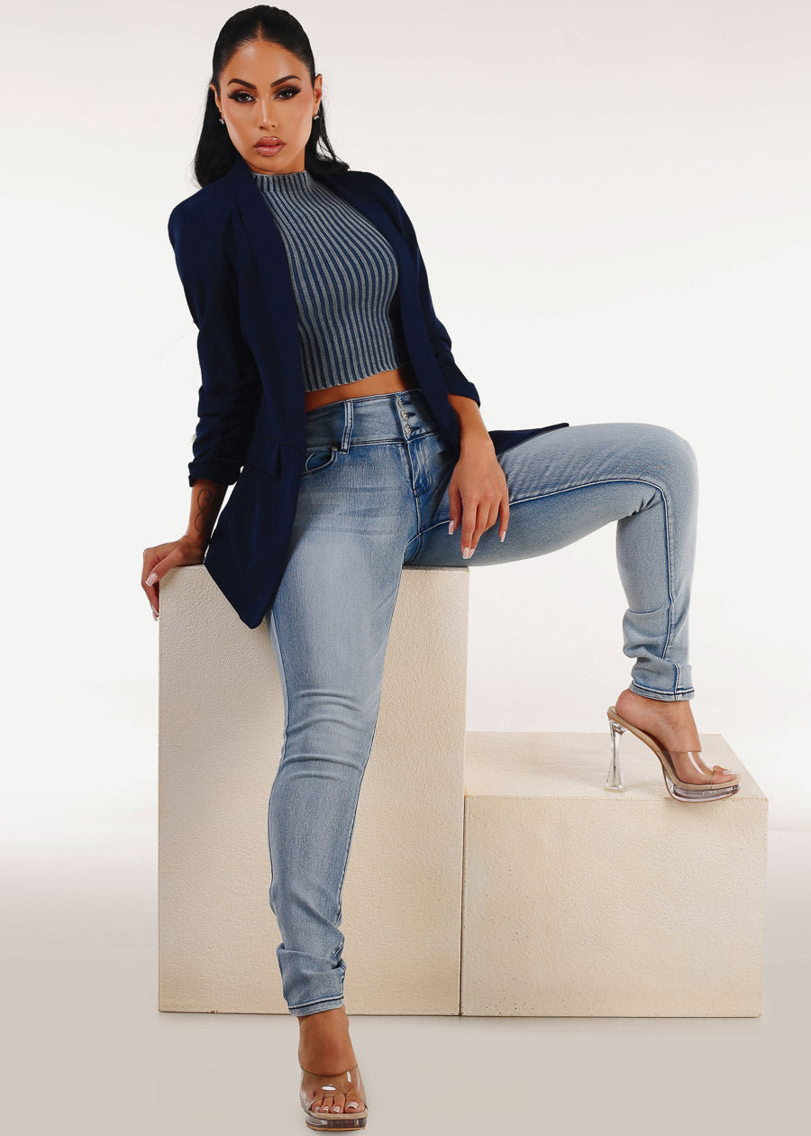 Sleeveless Mock Neck Cropped Sweater Top Blue