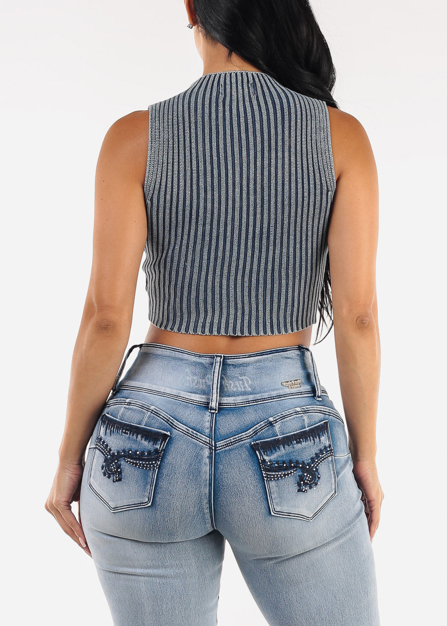 Sleeveless Mock Neck Cropped Sweater Top Blue