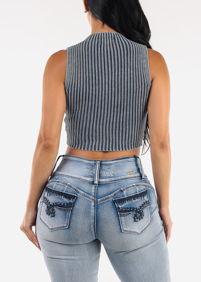 Sleeveless Mock Neck Cropped Sweater Top Blue