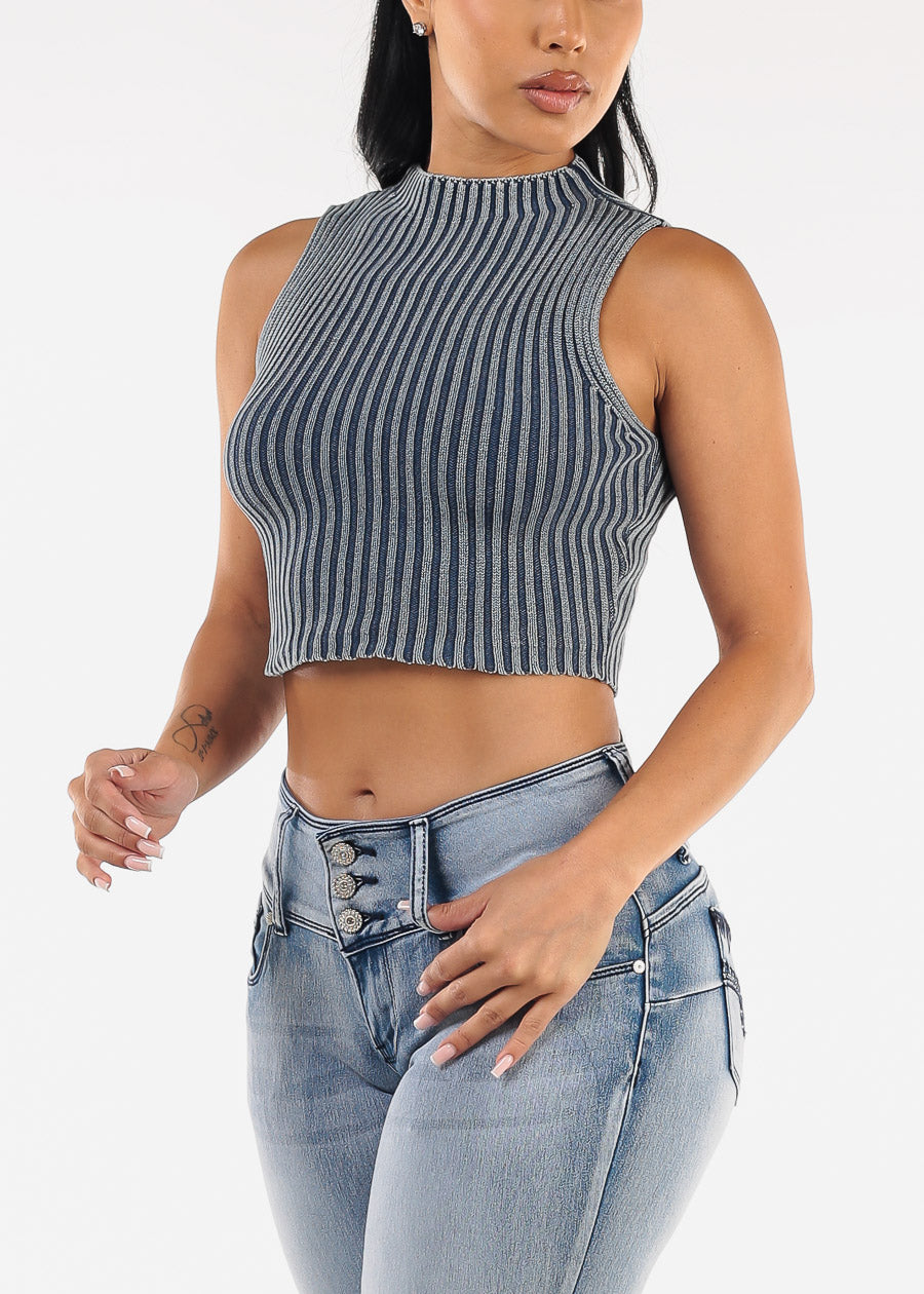 Sleeveless Mock Neck Cropped Sweater Top Blue