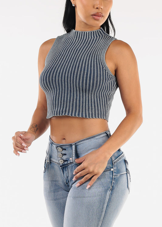 Sleeveless Mock Neck Cropped Sweater Top Blue
