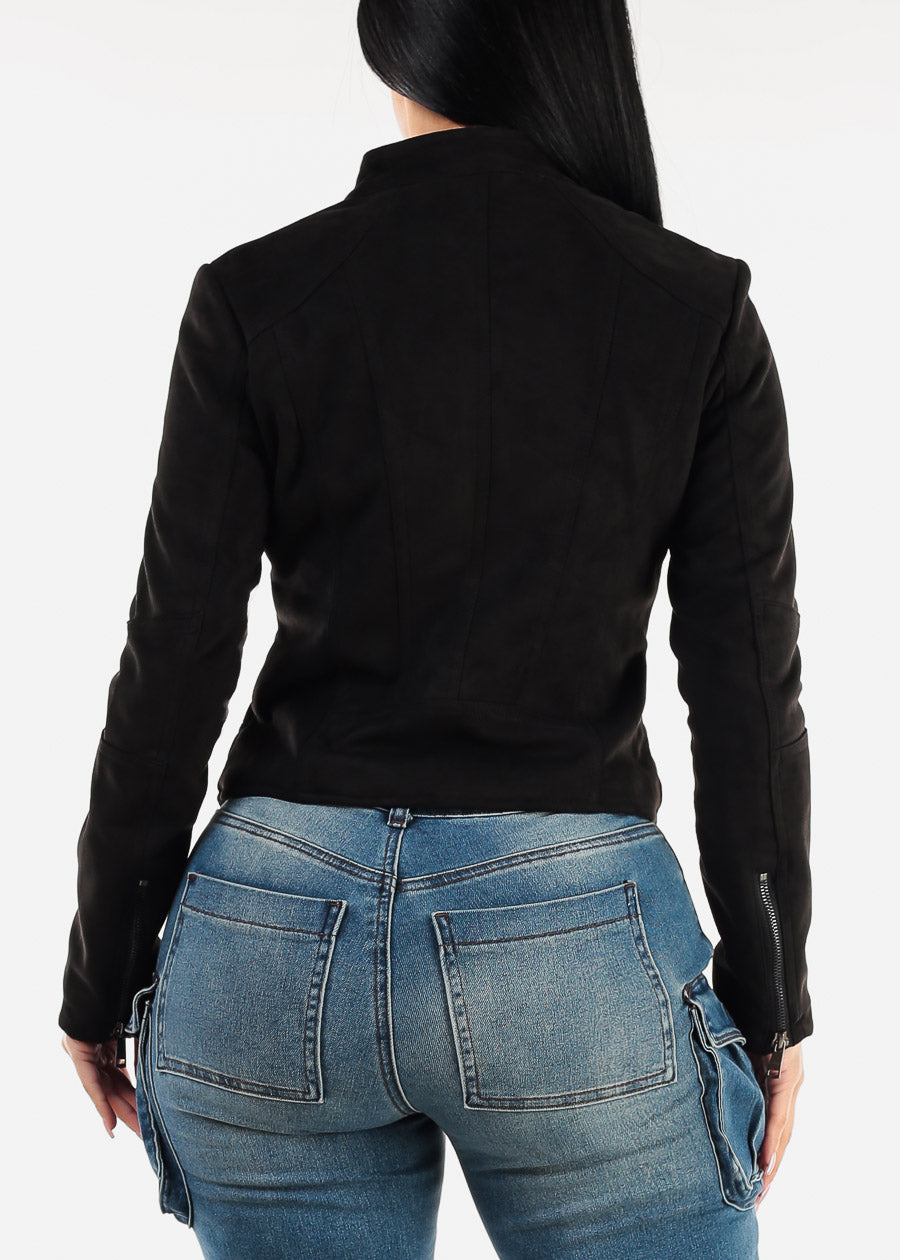 Zip Up Long Sleeve Black Suede Jacket