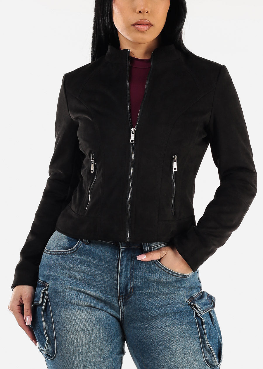 Zip Up Long Sleeve Black Suede Jacket