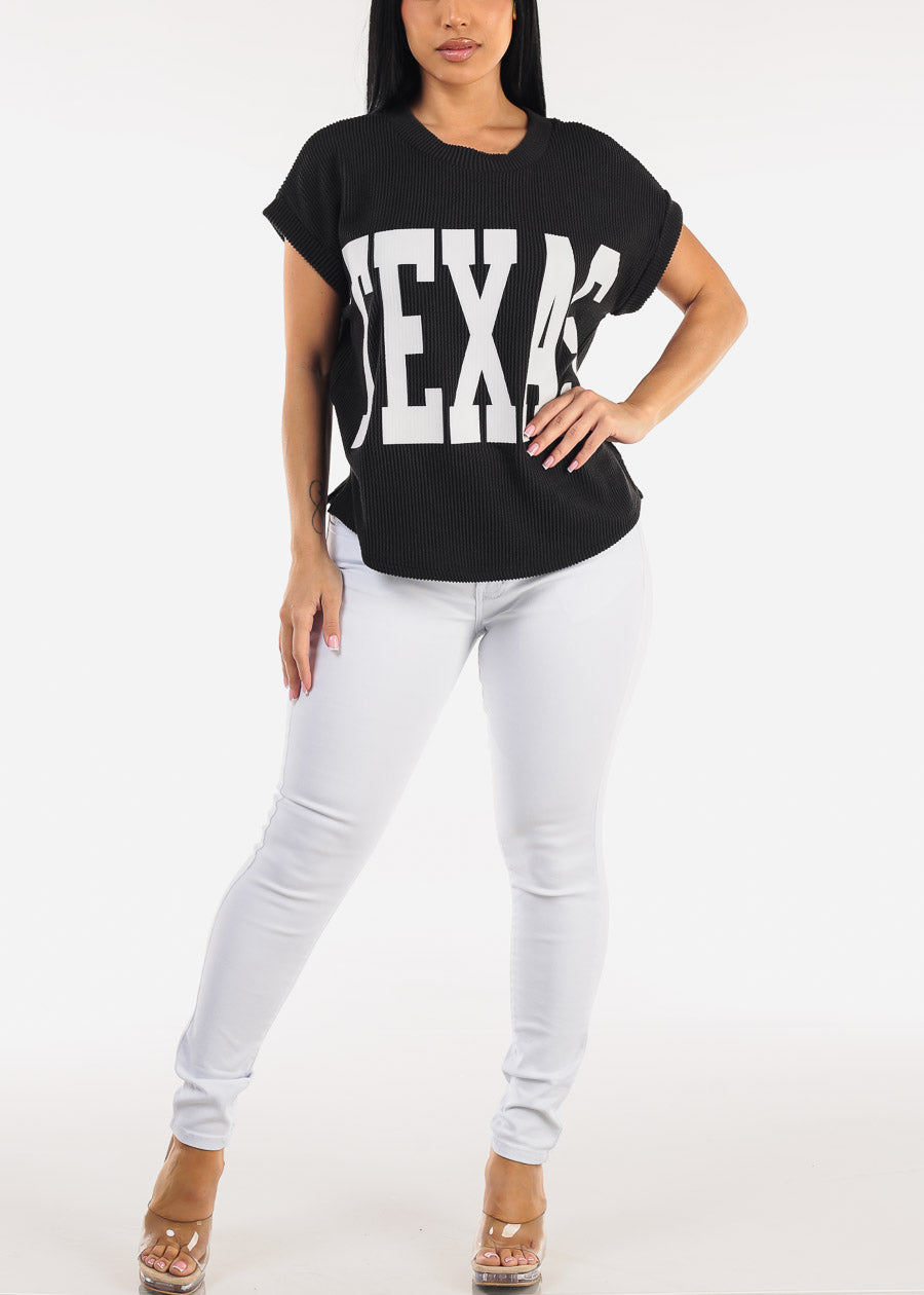 Short Sleeve Sweater Knit Graphic Tee Black 
