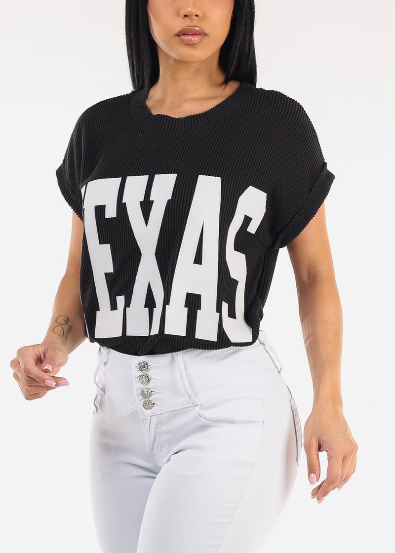 Short Sleeve Sweater Knit Graphic Tee Black "Texas"