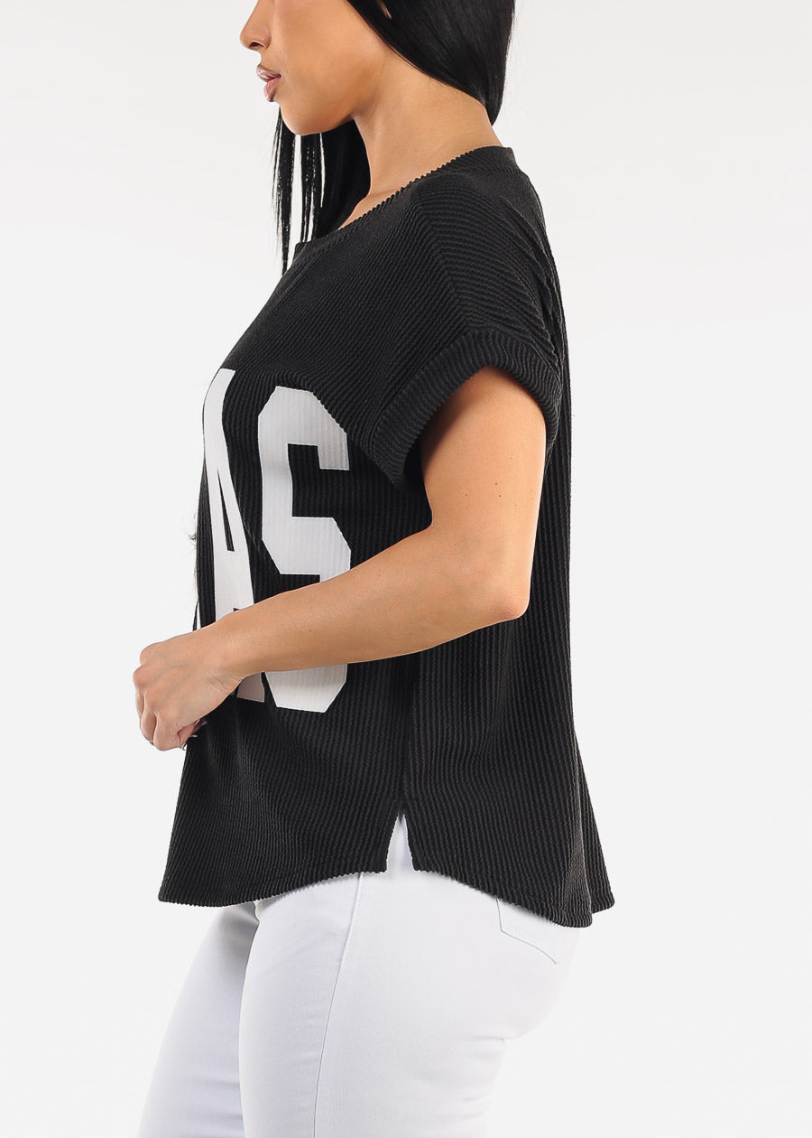 Short Sleeve Sweater Knit Graphic Tee Black 