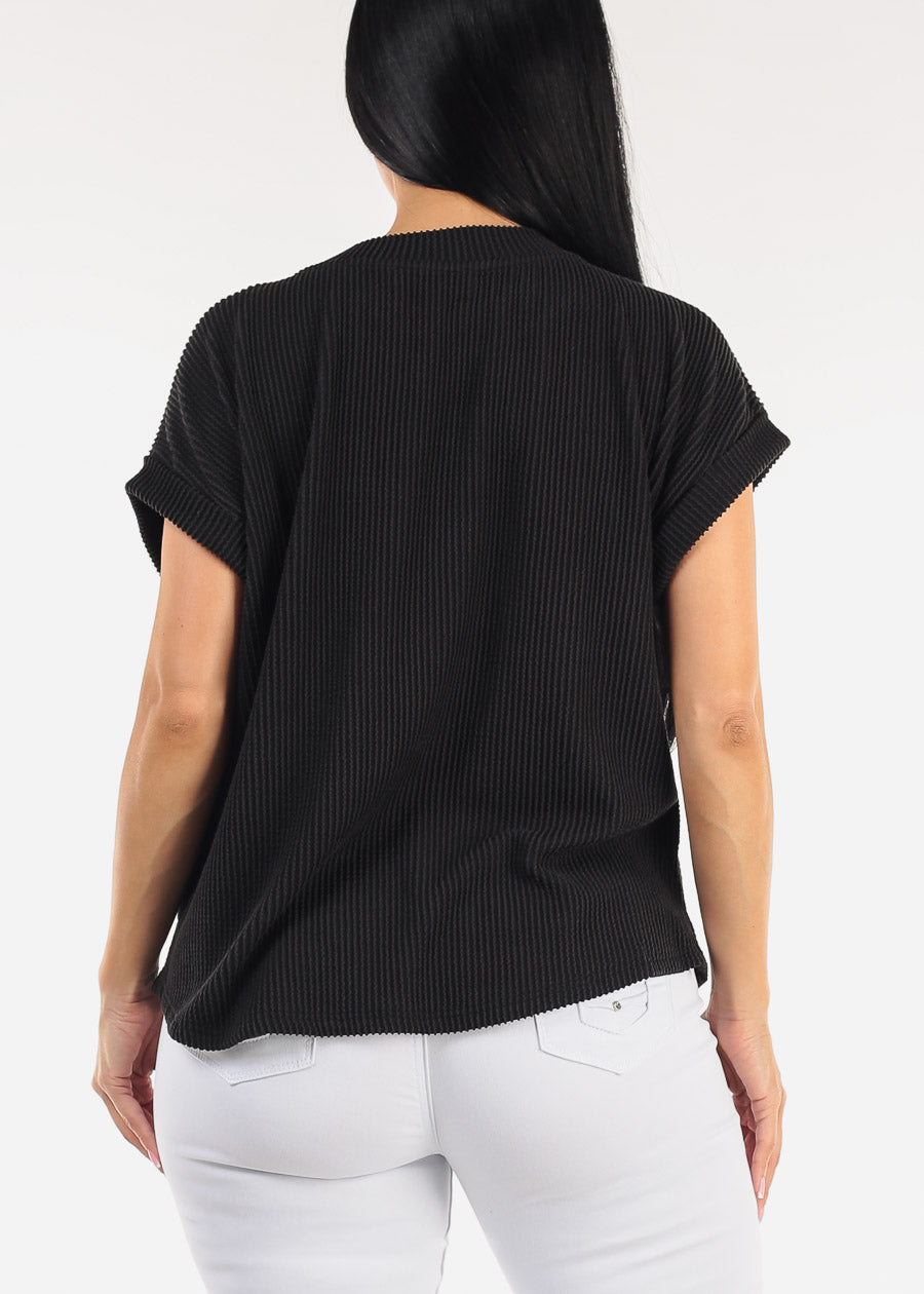 Short Sleeve Sweater Knit Graphic Tee Black 