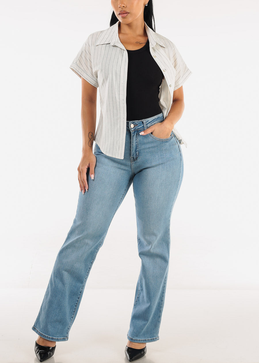 Cotton Short Sleeve Stripe Button Up Blouse Off White