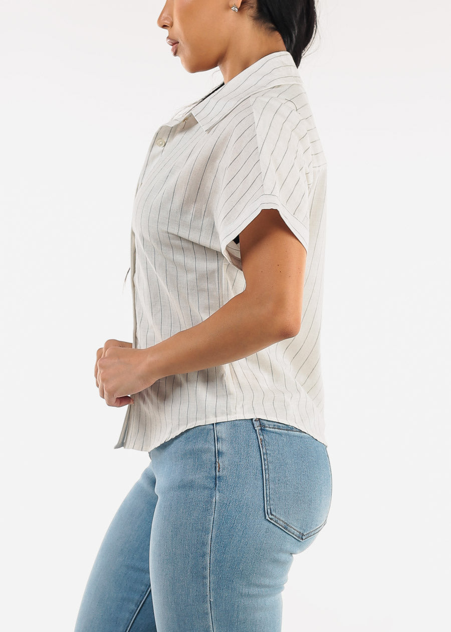 Cotton Short Sleeve Stripe Button Up Blouse Off White